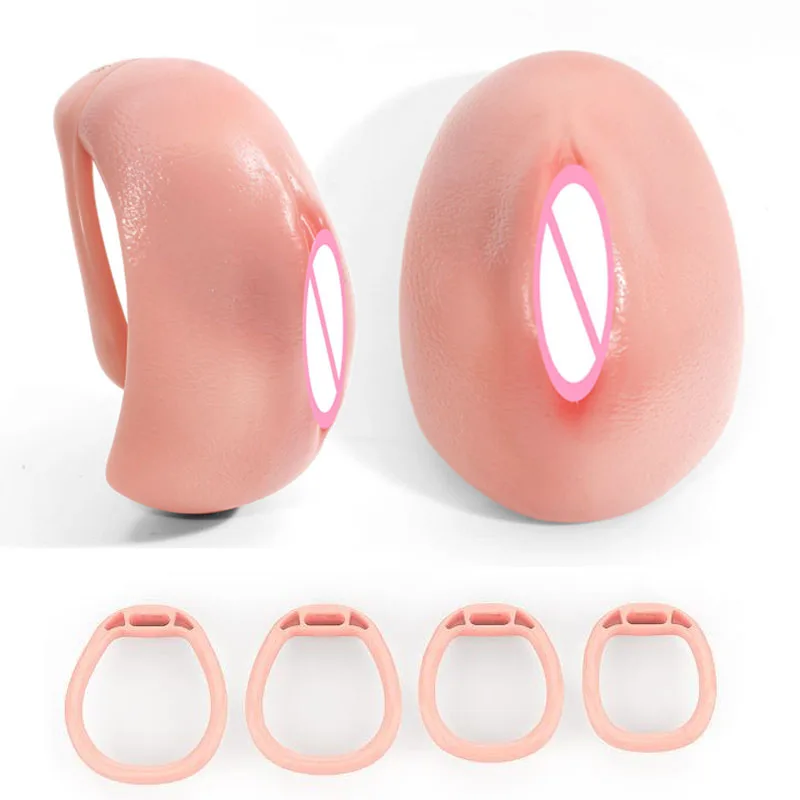Penis Chastity Cage Chastity Lock Sex Toy Chastity Cage Accessory Penis Cock Ring Realistic Pussy Hole Chastity Cage with 4 Size Penis Rings for Men Curve Vagina Texture Cock Lock Bondage Sex Toys for Gay Sissy