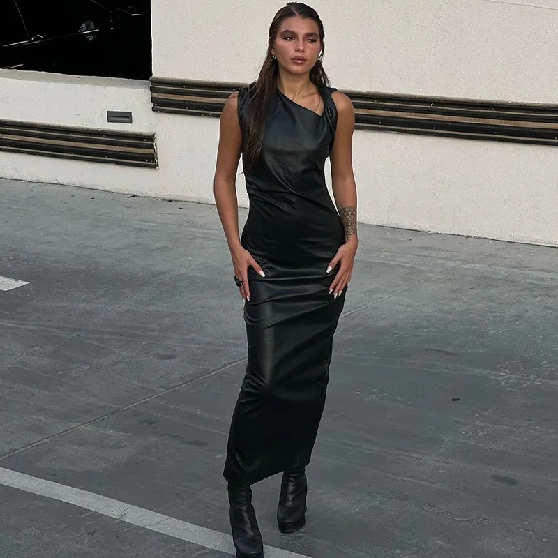 

Crystal Autumn Pu Faux Leather Sexy Y2K Clothes Sleeveless Side Slit Bodycon Midi Dresses For Women Club Party Elegant Outfits