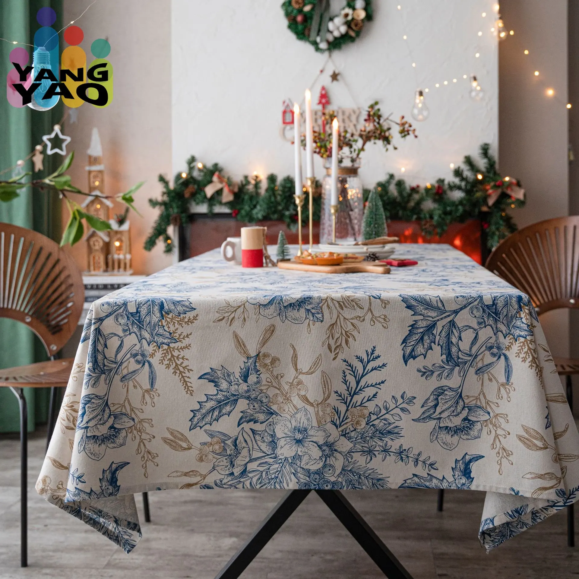 

Blue flower Tablecloth fdining Holiday Wedding Reception Queue Parties Gatherings Rectangular dining Circular Home Decdining