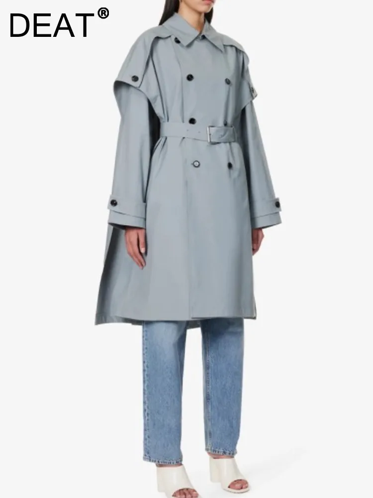 

DEAT Fashion Women's Trench Coat Minimalist Gray Blue Cape Shawl Double Breasted Waistband Windbreaker Autumn 2024 New CP2307