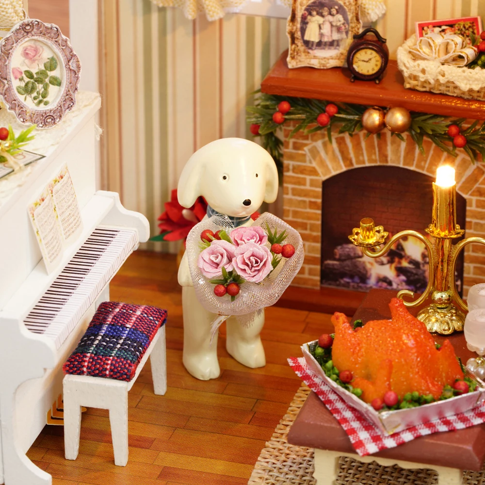 DIY Christmas Miniature Dollhouse Kit Realistic Mini 3D Wooden House Room Craft with Furniture LED Lights Children's Day Birthda