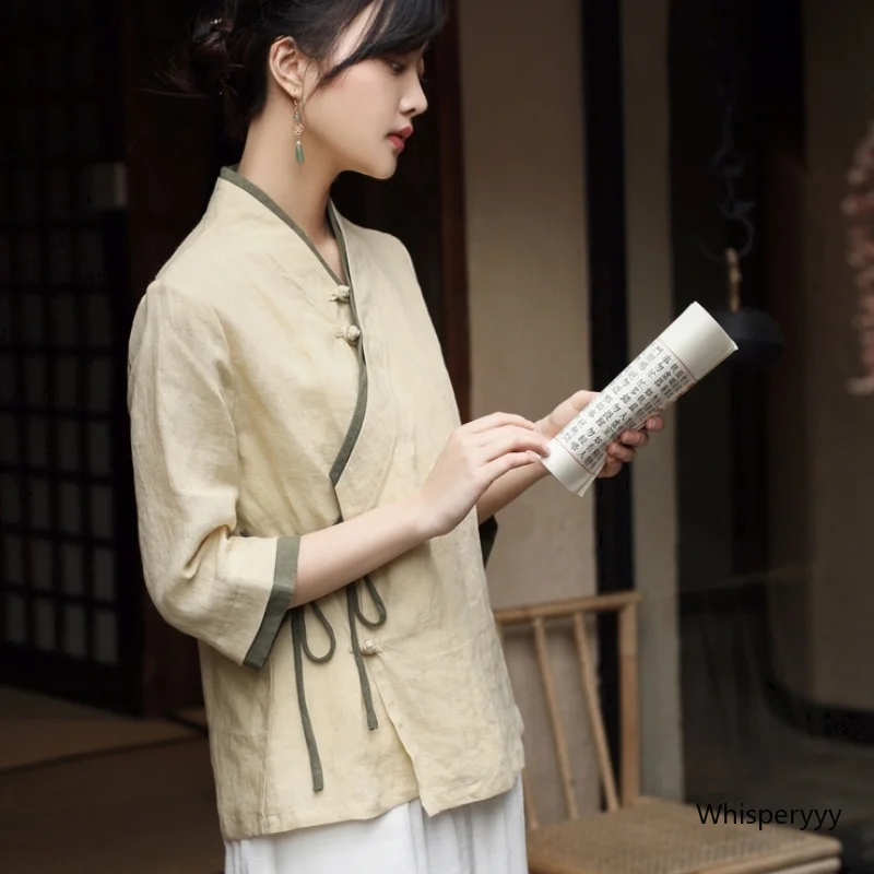 Summer New Chinese Style Shirt Retro Tang Suit Hanfu Cheongsam Tops Zen Tea Artist Chinese Traditional Clothing Female Elegance
