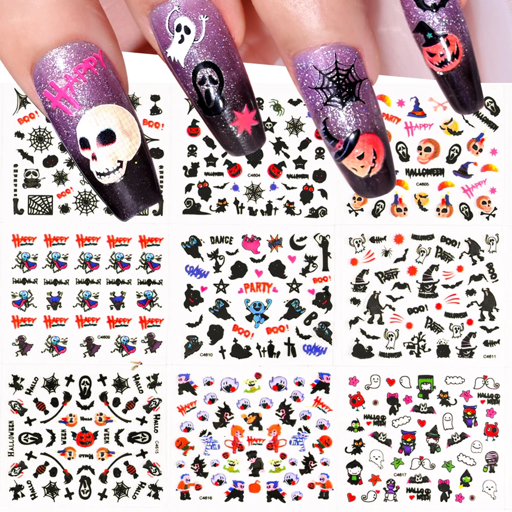 

24 Sheets Halloween Nail Stickers Ghost Skull Nail Decals 3D Self Adhesive Stickers For Nails Art Decoration Manicure Sliders