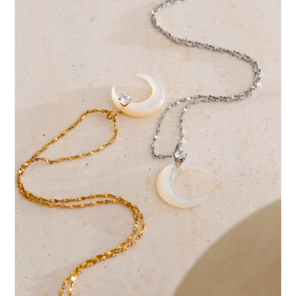Yhpup Waterproof Shell Zircon Moon Necklace