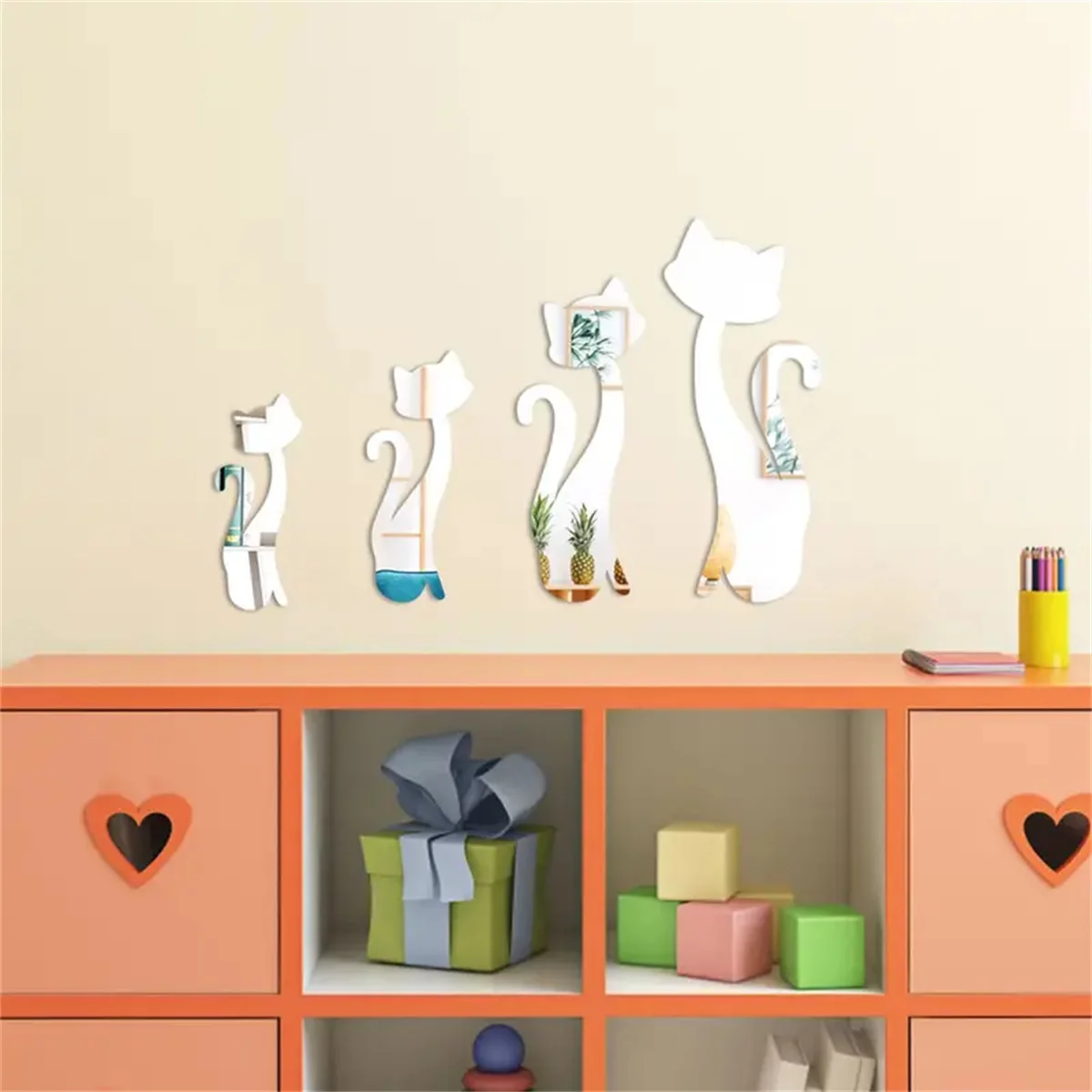 4Pcs cat acrylic sticker home wall decoration accessories cartoon bedroom background 3D mirror wall sticker