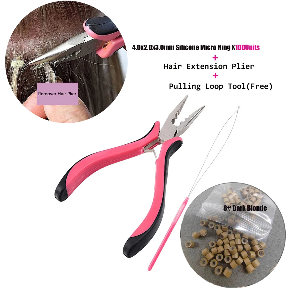 실리콘 마이크로 링크 헤어 링, 실리콘 마이크로 링크 링, 1 유닛 헤어 익스텐션 집게, 1 유닛 루프 풀링 없음, 100 유닛, 4.0X2.0X3.0MM