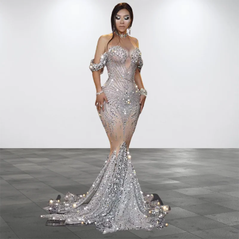 Flashing Silver Rhinestones Sequined Floor Length Dress Women Birthday Prom Celebrate Outfit Evening Women Long Big Tail Dress