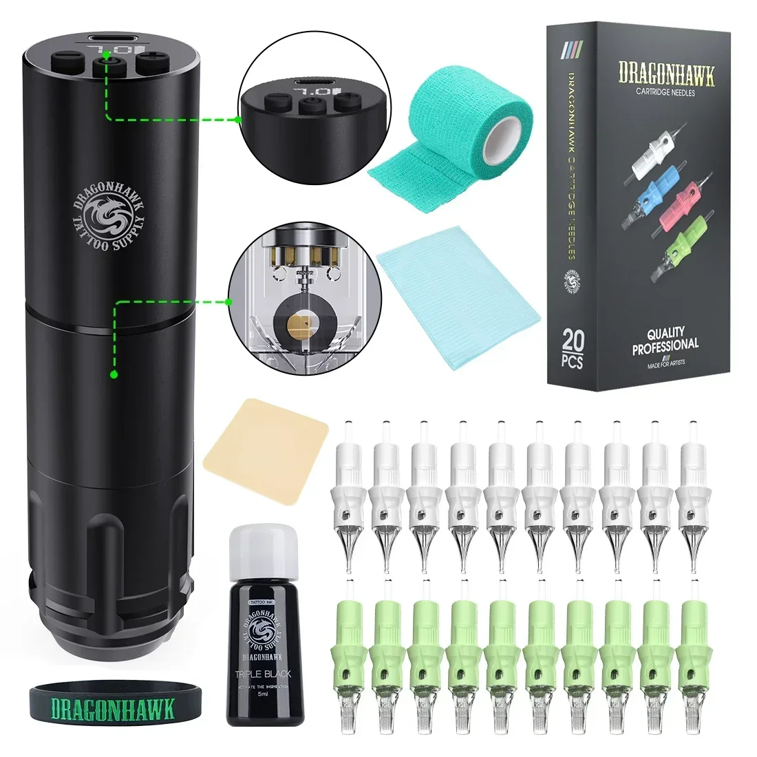 Tattoo Kit Dragonhawk A1 Complete Wireless Tattoo Machine Set Rotary Pen Powerful Beginner Tattoo Full Kit for Artists