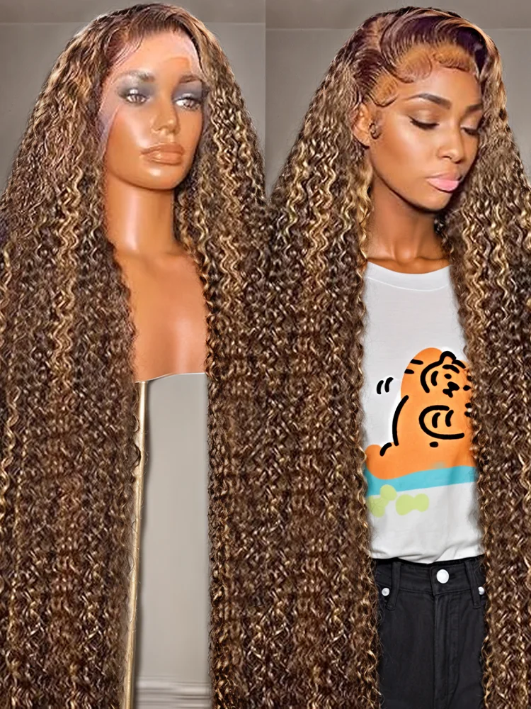 Human Hair Wig 30 40 Inch Curly Ombre Highlight Lace Front Deep Wave 200 Density for Women