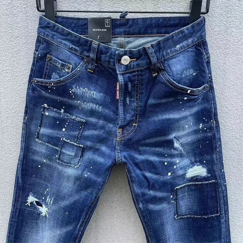 100 chareiharper c061 Men's jeans ripped fabric ground white patchwork paint splash vintage blue jeans