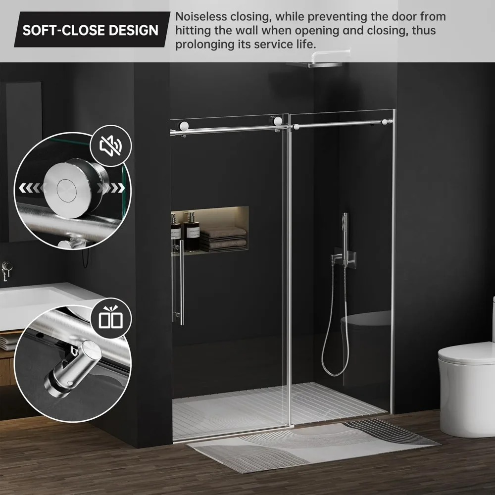 56-60 in W X 75 in H Frameless Sliding Shower Door with 5/16" 8mm Clear Tempered Glass, Silent Soft-Close Design, Brushed Nickel 3