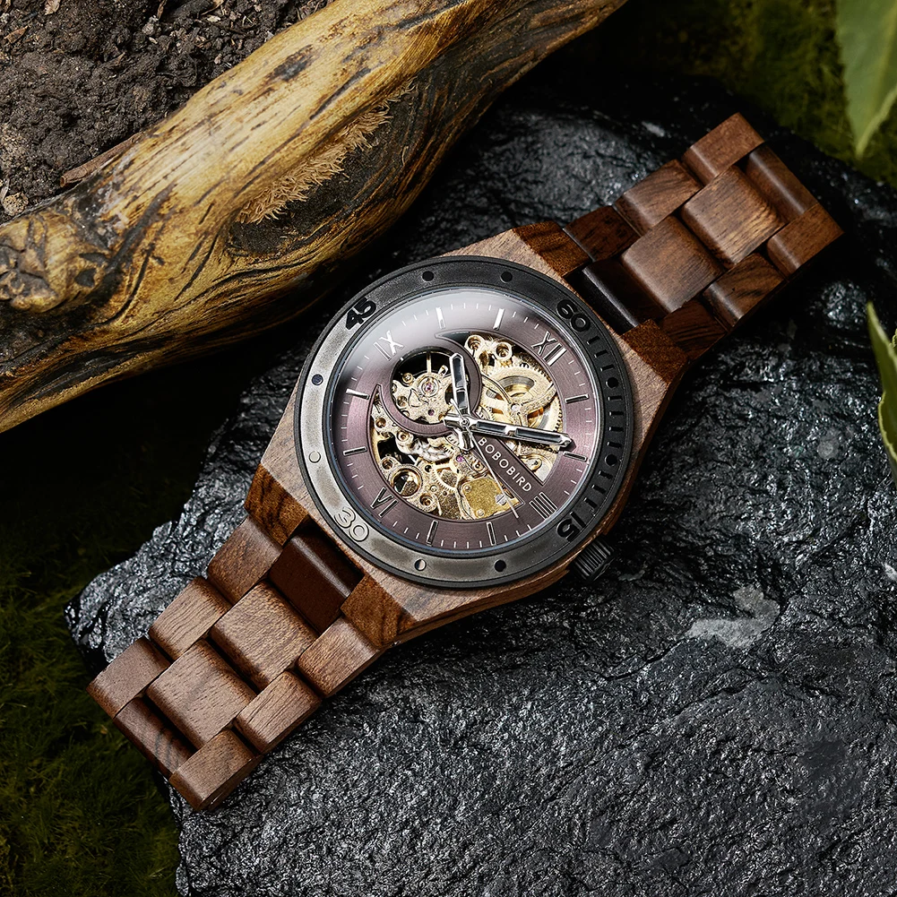 BOBO BIRD-Montre-bracelet en bois pour homme, montre mécanique automatique évidée, cadeau parfait pour la fête des pères, boîte en bois, nouvelle mode, 2023