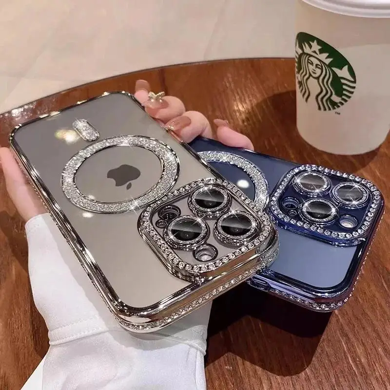 Luxury Bling Crystal Lens Film Case For iPhone 15 16 11 12 13 14 Pro Max 16 Plus Magsafe Magnetic Wireless Charging Clear Cover