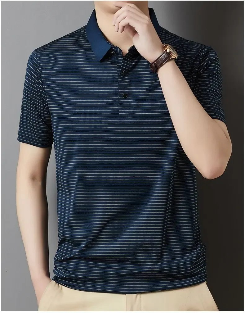 Dad's Top Summer Ice Silk Men's Thin Versatile Breathable Striped POLO Shirt Dad's Casual Short-sleeved Top 19 S96c80b2bf37a4906b162d2c40bfbc4104