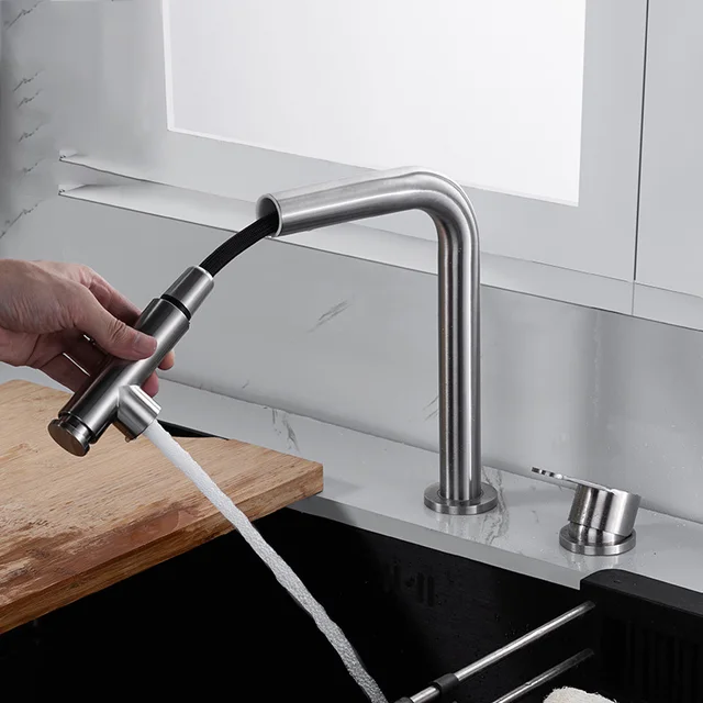 ตัวยกก๊อกน้ำสำหรับห้องครัวแบบดึงออกได้สแตนเลสสตีล360เครื่องผสมร้อนและเย็นแบบซ่อนด้วยกล้องส่องทางไกลหมุนมองไม่เห็นอ่างล้างจานสองรู 3