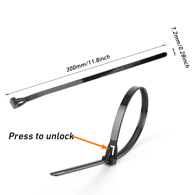 Gros plan sur la tête d'une attache zippée en Nylon détachable et réutilisable, avec le loquet visible.