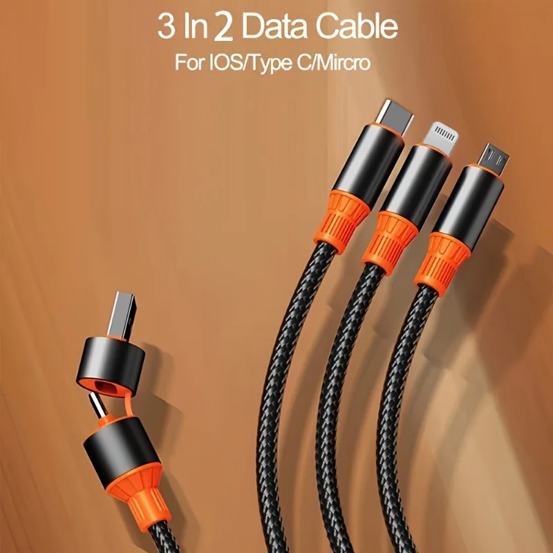 1pc 1.2m/3.9ft 3-in-1 data cable, USB A to type-c/lightning, type-c to type-c/lightning braided transport fast data cable