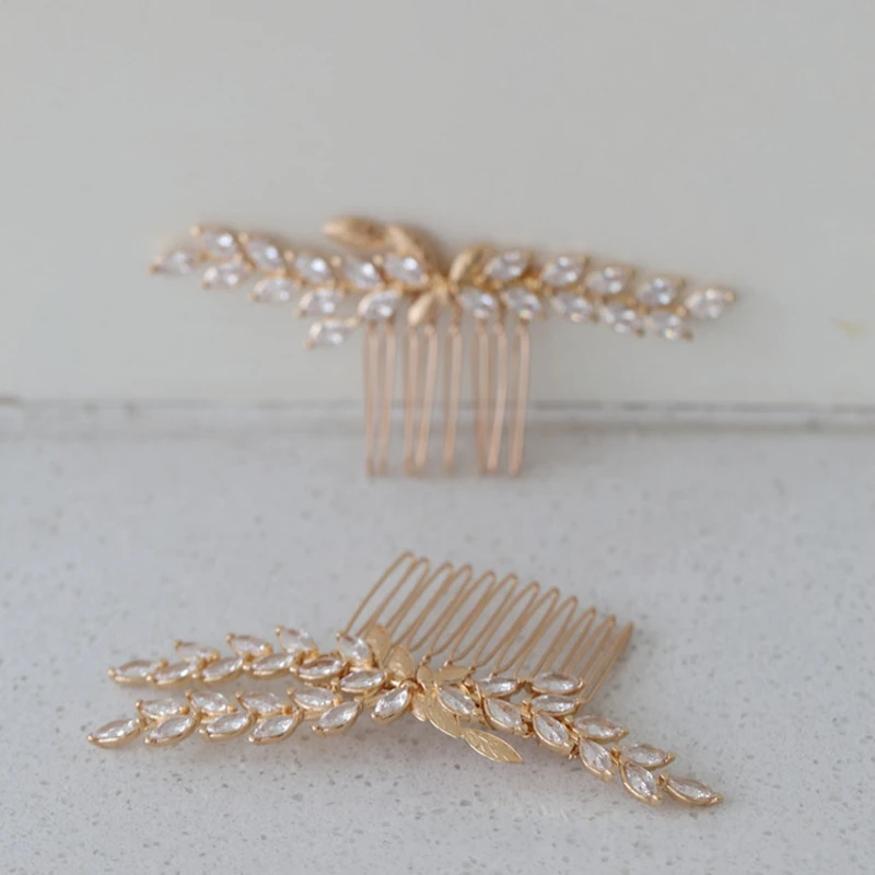 Delicate Small Comb Bridal Hair Piece Women Pins Gold Color Ziconia Wedding Jewelry Accessories