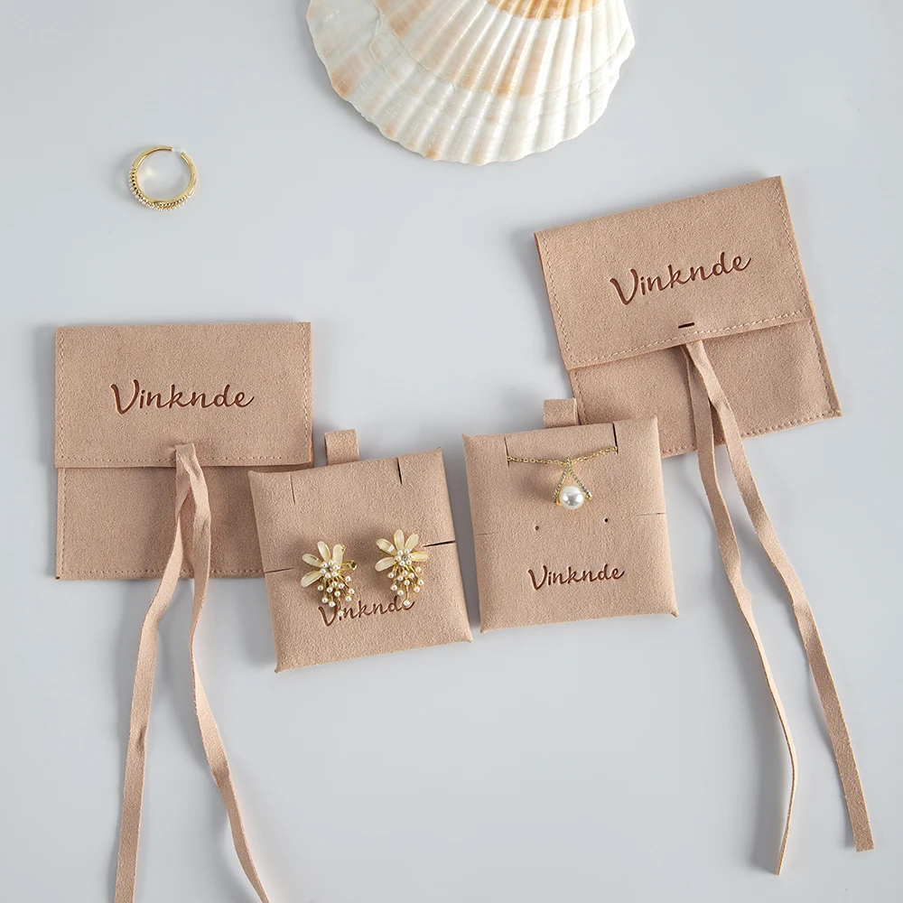 Peach Embossed Print DIY Ribbon Flap Suede Microfiber Packaging Bag Jewelry Pouch Ring Necklaces Earring Organizer Bag with Card