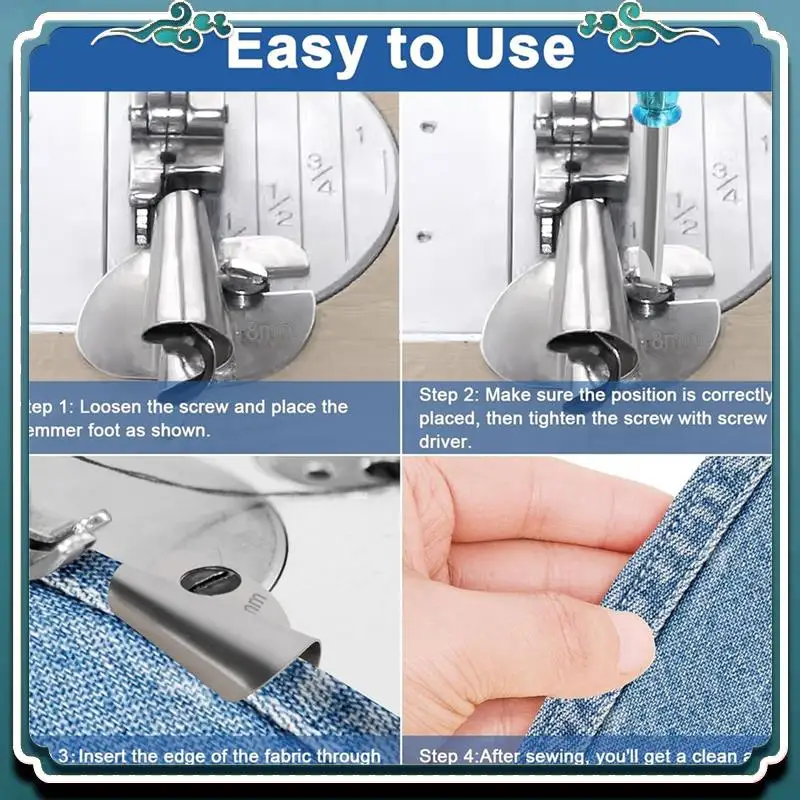 Upgraded Universal Sewing Rolled Hemmer Foot Set 8 Sizes Rolled Hem Presser Foot (3-10Mm) Wide Hem Foot, Fine Workmanship