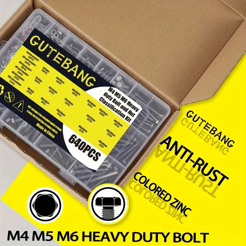 640-piece M4 M5 M6 Heavy Duty bolt and nut set, metric 304 stainless steel screw set with flat washer and spring washer for home