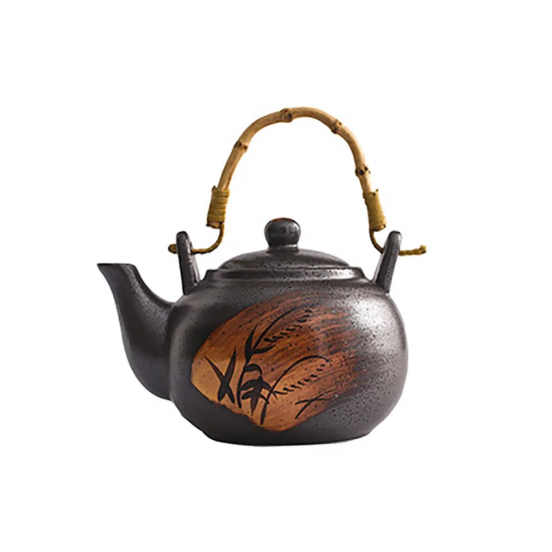 Ceramic Tea Kettle with Rattan Handle, Hand-painted Teapots Infuser, Kung Fu Puer Ceremony Service, Japanese Style, 750ml