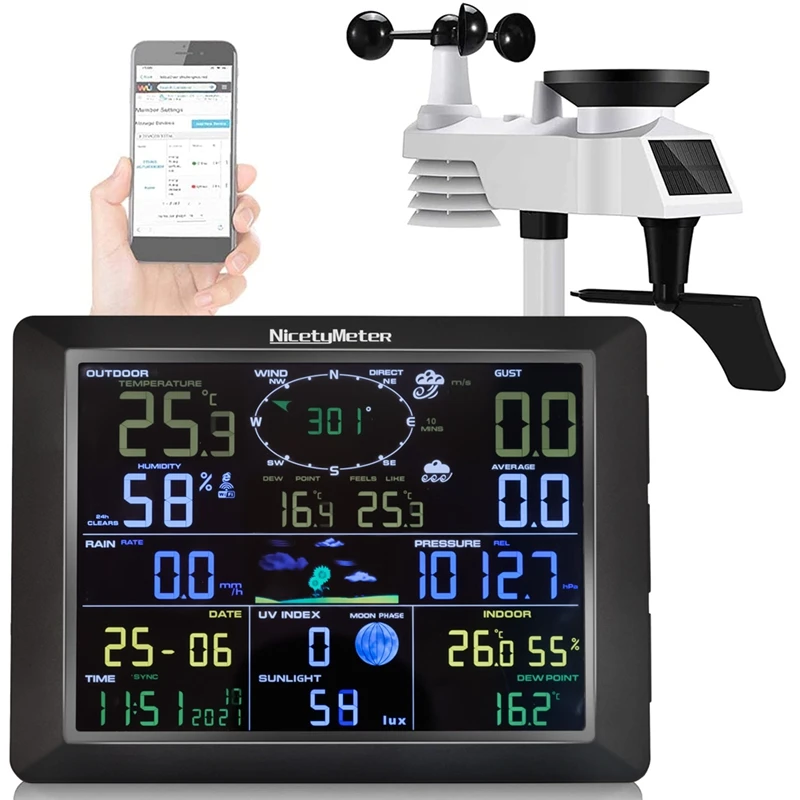 Solar Power Wireless Weather Station Temperature Humidity Meter Rainfall UV Index Wind Gauge WiFi Weather Forecast Internet Data