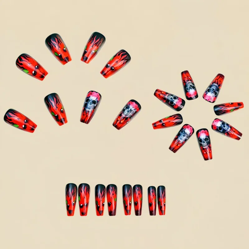 Dark Red Long Ballet Press On Nails With Skull Flower Art Set_voghion.com
