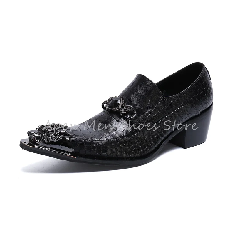 Pointed Cool Checkered Pattern Brogue Shoes Luxury Metal Toe Gem Buckle Cowhide Vintage Men's Shoes Formal