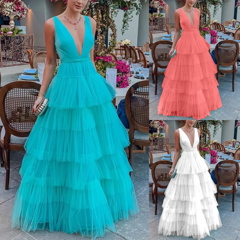 

2024 Summer New European and American Dress Mesh Cake Sling V-neck Evening Gift