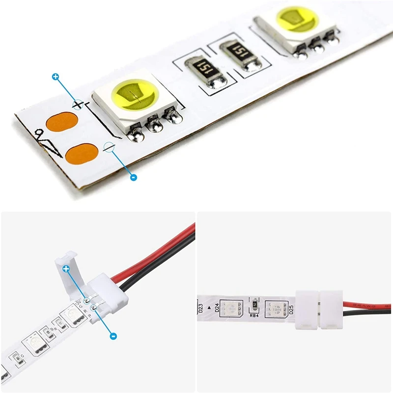 24Pcs 8mm 2 Pin LED Strip Light Connector for 8 mm Wide Flexible SMD 3528 2835 Single Color LED Strip Lights Solderless