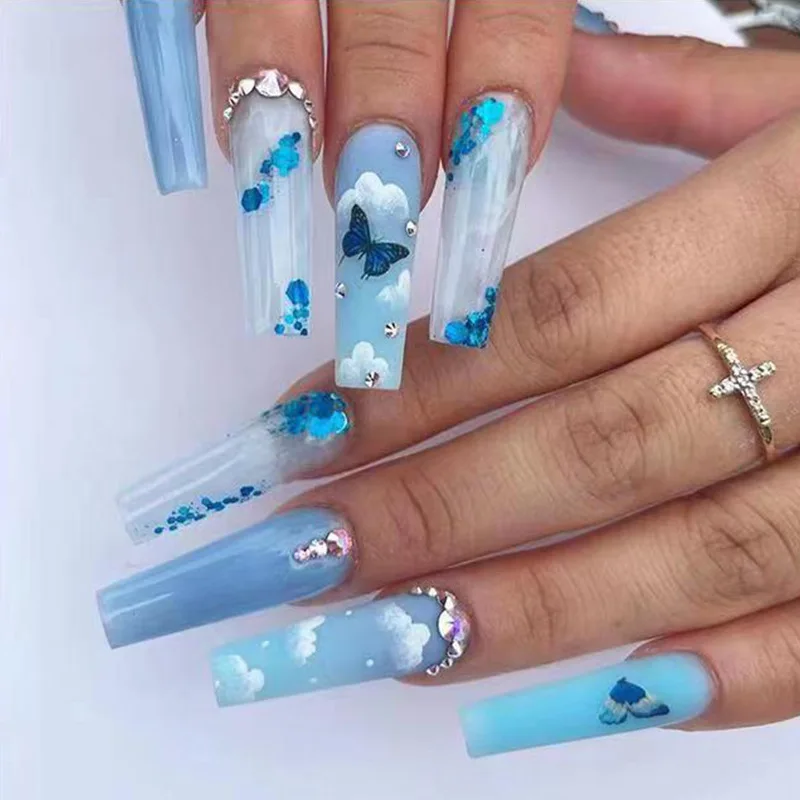 

24pcs Long Ballerina False Nails Blue Butterfly Design Fake Manicure Full Coverage Removable Press on Nails with Accessories