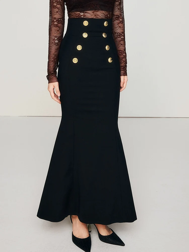 

Retro Spring New Black Golden Button Double-breasted Fishtail Ladies High Pocket Hip Skirt Fashion Joker Slim-fit dress