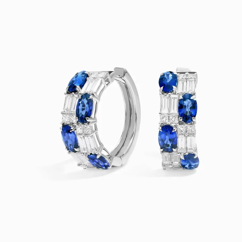 Ovale Saphir- und runde Diamantohrringe, im Labor gezüchtete Saphir-Diamantohrringe, 9K/14K/18K Weißgold-Creolen für Damen – Detail 2