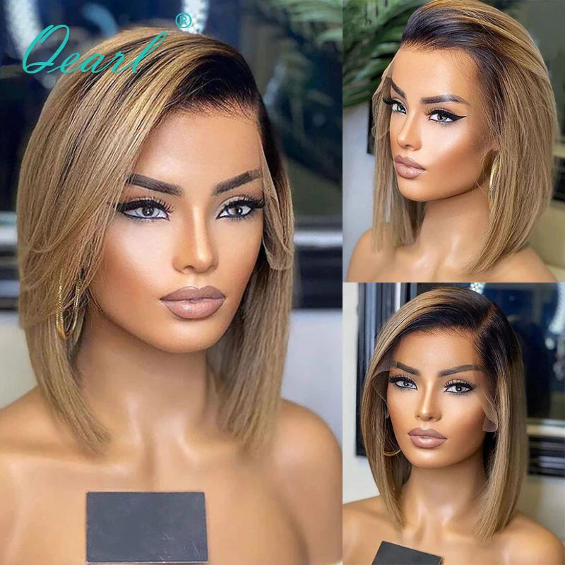 

Real Human Hair Wig for Women Short Bob Lace Front Wigs Ombre Brown Honey Blonde Colored Pre Plucked Cheaper Natural Wig Qearl