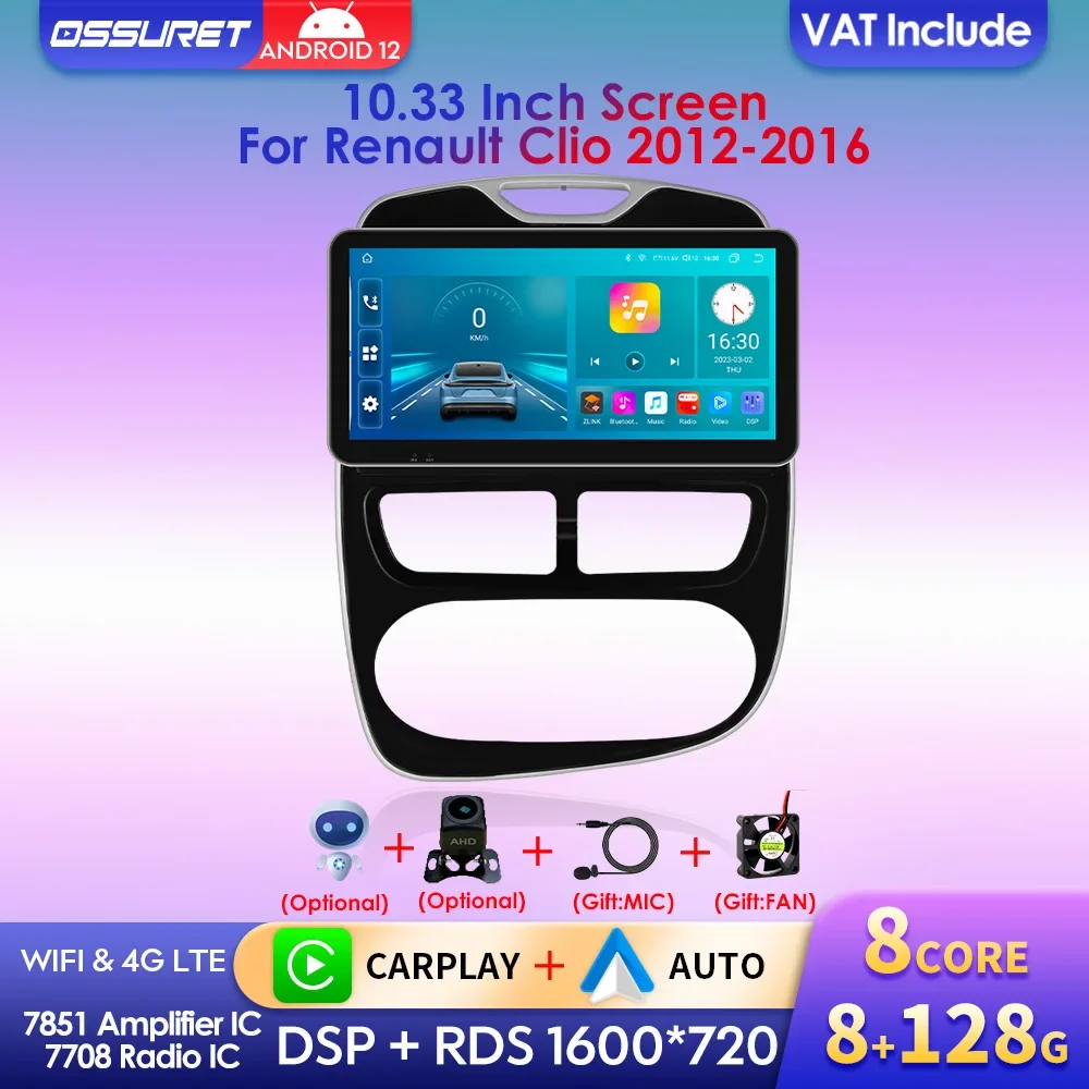 10.33 ''Wireless Carplay Android 12 Autoradio Per Renault Clio 2012-2016 Autoradio Multimediale Navigazione Gps Stereo 4G Swc 2Din
