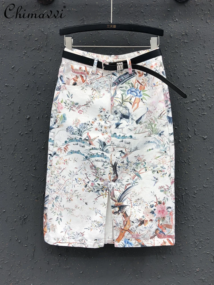 

Fashion Printing and Dyeing High Waist Skirt 2024 Spring Summer New Slimming Slit Korean Style A- Line Sheath Denim Midi Skirts
