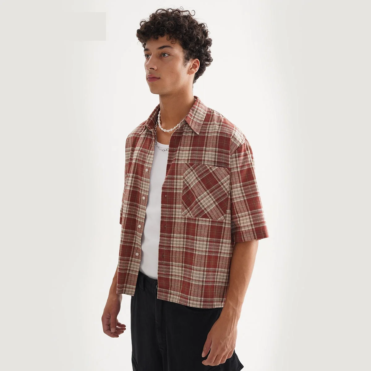 Herren-Hemd aus 100 % Baumwolle, kurzärmelig, kurzes kariertes Hemd für den Sommer, Boxy Fit, Knopfleiste, individuelle Flanell-Mode-Straßenkleidung, Unisex – Detail 2