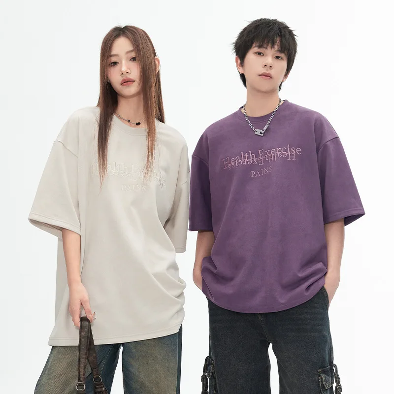 

Letter embroidered suede short sleeved T-shirt with trendy brand loose casual vintage t shirt