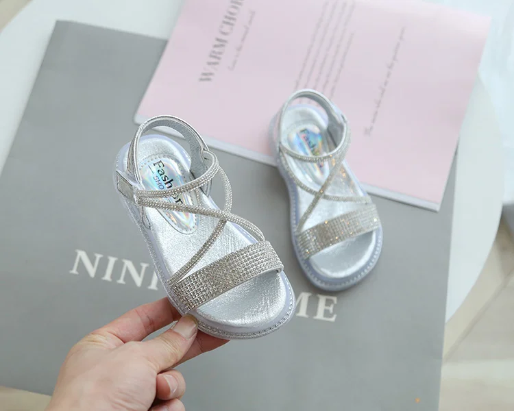 extra wide children's shoes 2021 Summer Girls Shoes Bling Sandals Kids Beach Shoes Cross-tied Children Sandal Crystal Princess Shoes Silver Baby Toddlers extra wide children's shoes