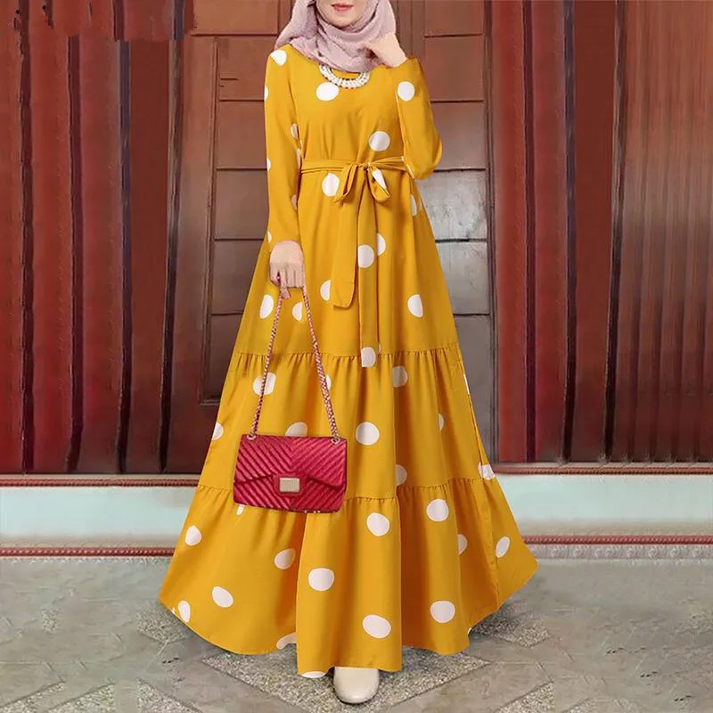 Women Islamic Wear Muslim Abaya Print Dot With Belt Long Sleeve Dress Kimono Clothes Fashion Summer Dubai  Bangladesh Wear