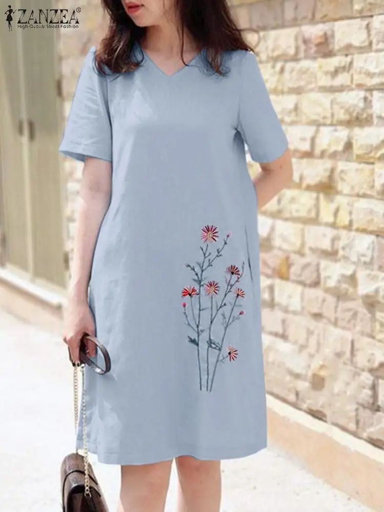 

ZANZEA Women Summer Sundress Vintage V Neck Floral Dress Embroidery Dresses Short Sleeve Causal Work Vestido Cotton Robe Femme