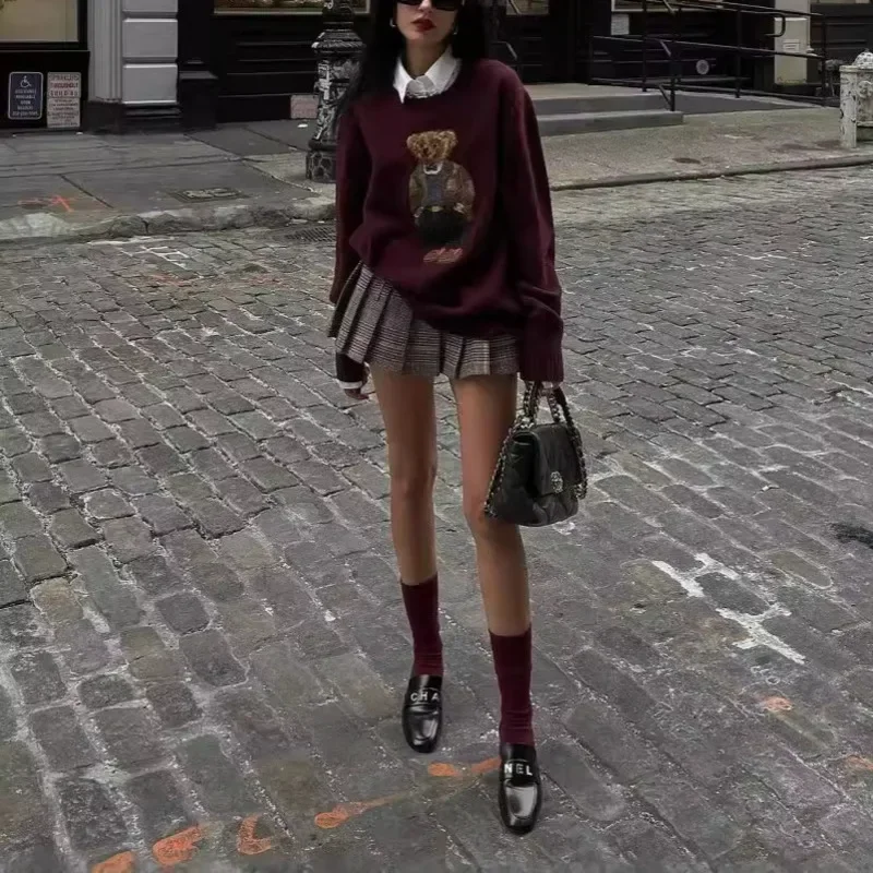 Zekye Winter Women's Sweater Clothing Bear Embroidery Round Neck Slim Fit Sweater Cartoon College Style Knitted Oversized Y2k 2