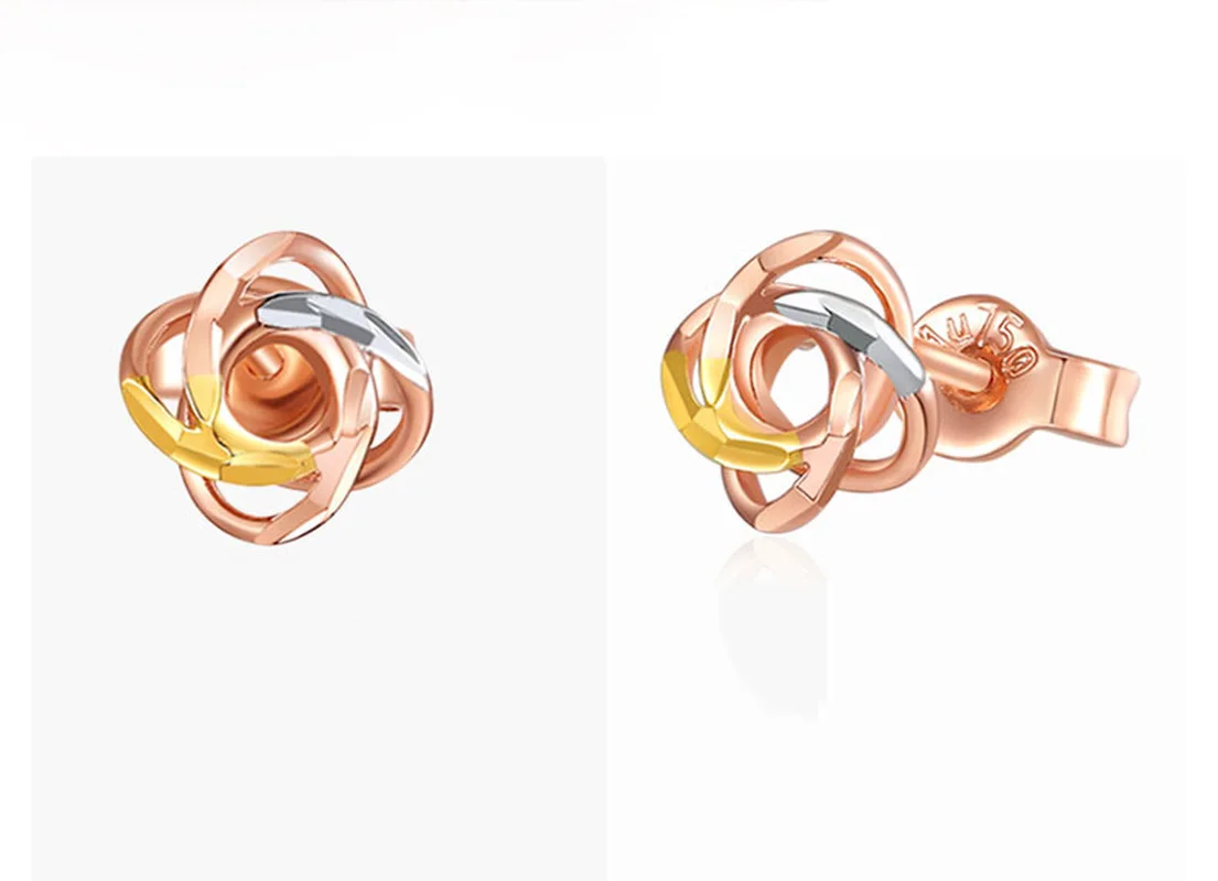 

Elegant Tri-Tone Flower 18K Genuine Real Solid Gold AU750 Stud Piercing Earrings for Women Female Girl Upscale Office Jewelry