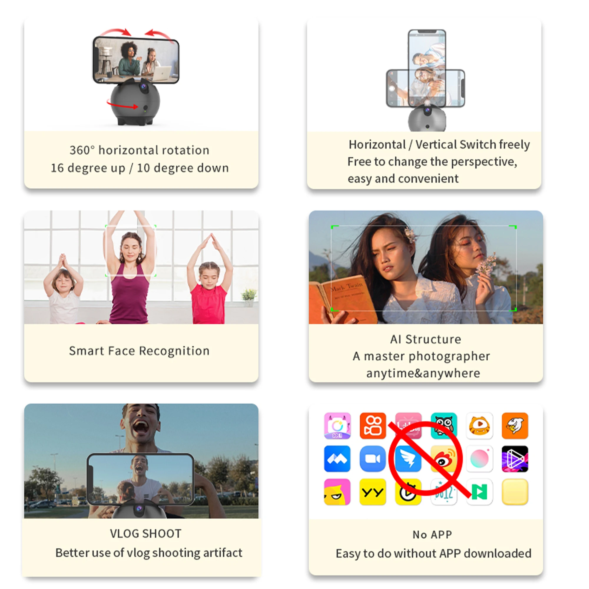 AI 자동 얼굴 추적 삼각대, 360 회전, 휴대폰 카메라 홀더, 배터리 포함, 스마트 셀카봉, 앱 불필요, 자동 추적