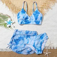 8-14Y Girls' Summer Swimwear 2023 New Fashion Cute Crisscross Tie Dyeing Printing Floral Print Three Piece Swimsuit Bathing Suit 2