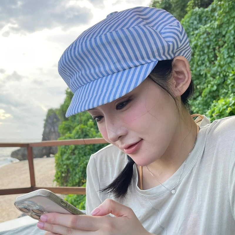 Korean Blue and White Striped Cotton Linen Thin Pu Short-brimmed Newsboy Hat Spring and Summer Female Versatile Painter Cap