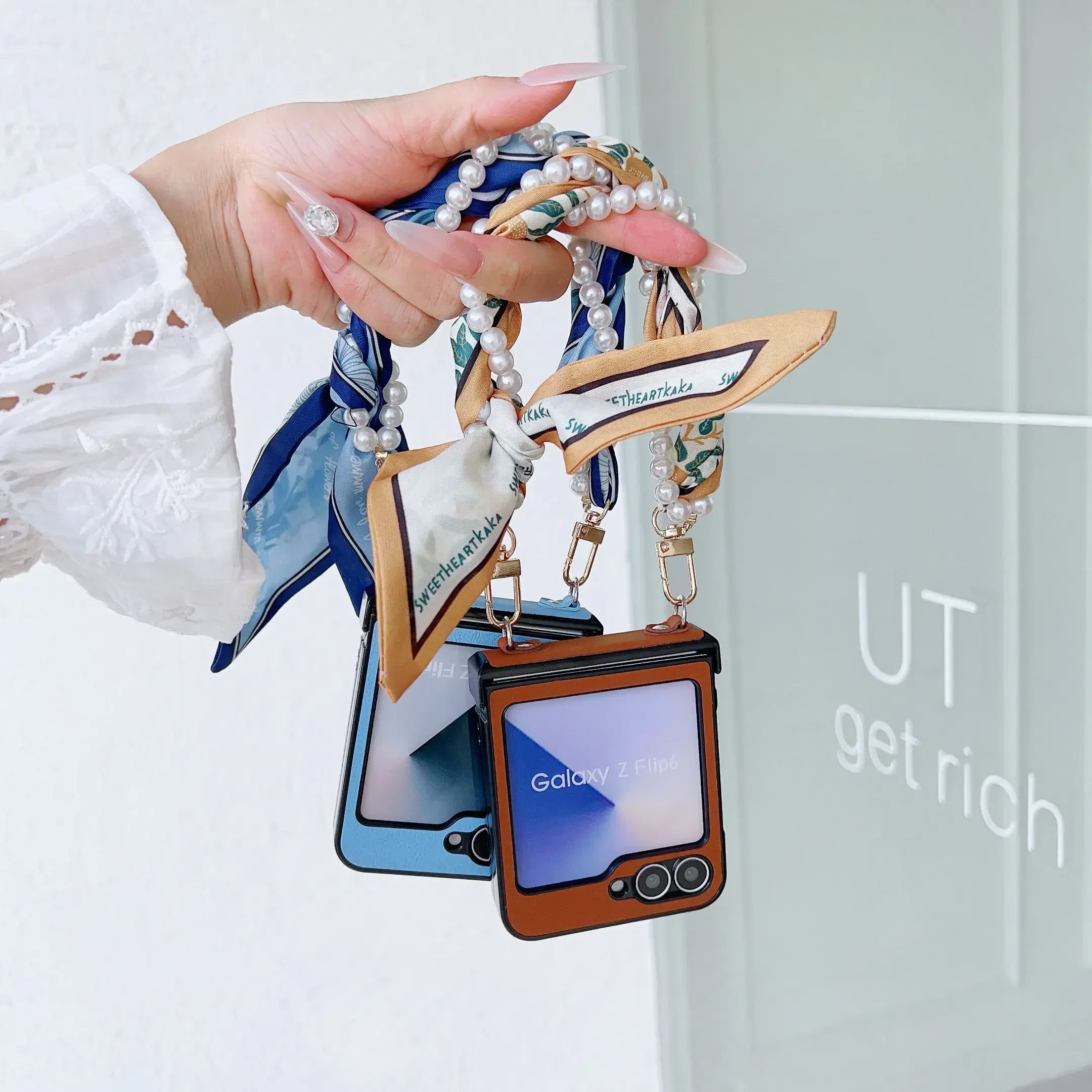 Elegant PU Leather Phone Case with Hinge Protection & Pearl Scarf Wrist Chain Strap Bracelet