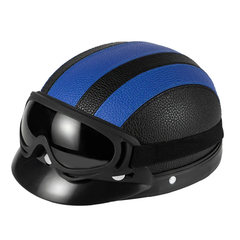 Electric Car for Harley PU Leather Retro Helmet with Goggles Scarf Men and Women Riding Sunshade Safety Protection Half Helmet