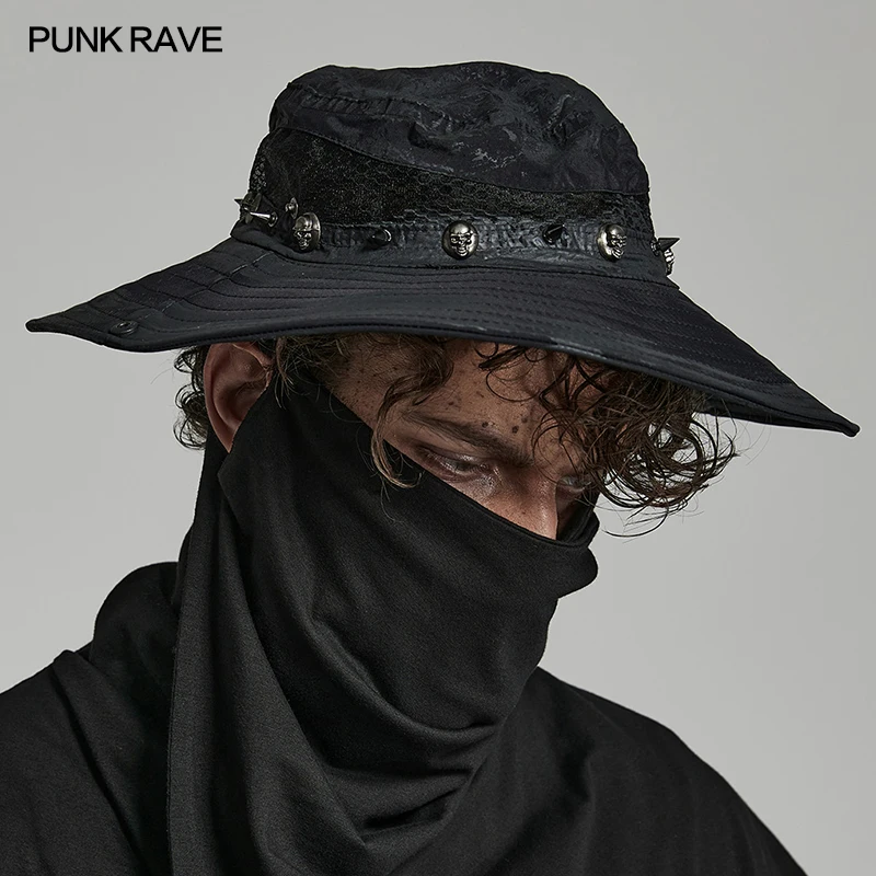 

PUNK RAVE Men's Post Apocalyptic Style Distressed Hat Breathability Mesh Decadent Can Fold The Brim Casual Men Caps Sun Hats